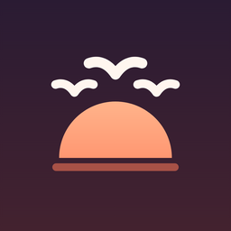 Wakeflock app icon: a coral sun rising under a flock of birds on a deep plum background